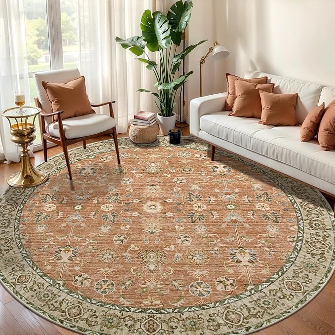 Tangsoo Vintage Round Rug 5ft Washable Circle Rug, Non Slip Boho Round Area Rug, Low Pile Floral Circular Rugs, Machine Washable Round Carpet for Bedroom,Living Room,Bedsides,Dorm,Office(Terracotta)