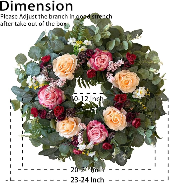 WANNA-CUL 24 Inch Pink Champagne Rose Spring Wreath for Front Door | Burgundy Rose and Eucalyptus Leaves, Ideal for Summer ,Fall ,Mother's Day, Valentine's Day, Indoor Outdoor Decor