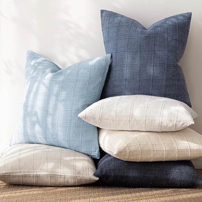 Foindtower Set of 2 Decorative Linen Check Throw Pillow Covers Neutral Farmhouse Vintage Cushion Covers Modern Boho Accent Home Decor for Sofa Chair Couch Bedroom Living Room,16×16 Inch,Sky Blue