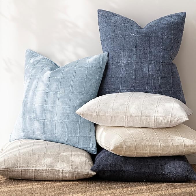 Foindtower Set of 2 Decorative Linen Check Throw Pillow Covers Neutral Farmhouse Lumbar Cushion Covers Modern Boho Accent Home Decor for Sofa Chair Couch Bedroom Living Room,12×20 Inch,Sky Blue