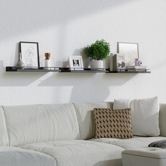 WOPITUES Floating Shelves with Black Metal Guardrail, Shelves for Wall Decor Set of 3, Wall Shelves for Bedroom, Bathroom, Kitchen, Living Room, Plants, Picture Frames, Art- Black