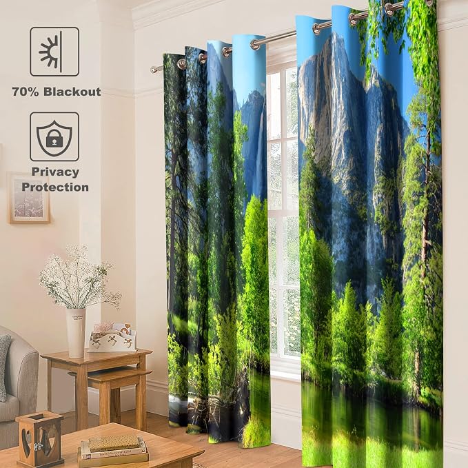 Jekeno Mountains Forest Blackout Curtains Jungle Green Trees River in Bright Sunshine Nature Scenery Decor Bedroom Living Room Darkening Grommet Window Drapes 2 Panel Set, 52"x63"