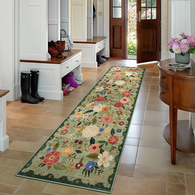 2x6 Machine Washable Runner Rug, Kitchen Hallway Area Rug Light Green Vintage Boho Floral Non-Slip Low Pile Soft Faux Wool Carpet Kids and Pets Friendly for Bedroom Entryway Nursery Home Decor Rug
