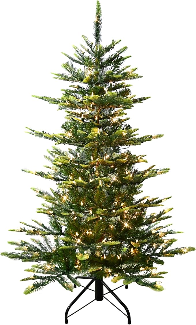Puleo International 4.5ft Pre-Lit Aspen Fir Artificial Christmas Tree with 250 Clear Lights, 411 Realistic Dense Branch Tips, Easy Setup Artificial Trees with Sturdy Metal Stand