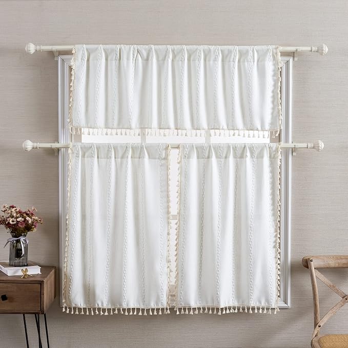 RoomTalks White Boho Farmhouse Kitchen Curtains 36 Inch Length French Striped Modern Vintage Chic Textured Tassel Short Cafe Curtains for Small Window Kitchen Bathroom Bohemian Decor