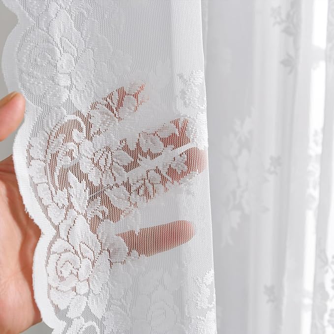 Kotile White Lace Curtains for 63 Inch Length 2 Panels, W52 x L63 Inch, Rusitc Floral Vintage Lace Sheer Curtains for Windows, Rod Pocket Privacy Light Filtering Sheer Curtain for Bedroom Dining Room