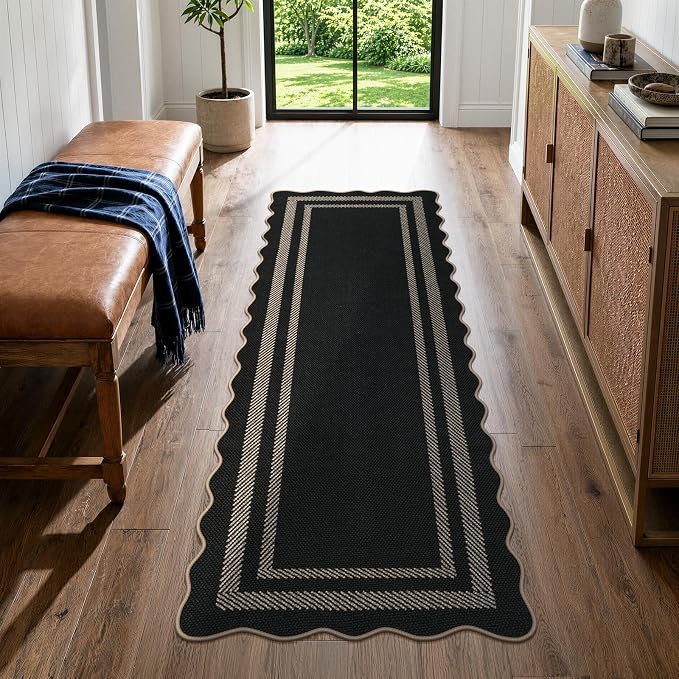 LIVEBOX Scalloped Easy Jute Kitchen Runner Rug, 2x6 Hallway Runner Black Rugs for Entryway, Indoor Outdoor Washable Non Slip Rug Farmhouse Modern Carpet Door Mat for Porch Bedroom Laundry 6ft Entry