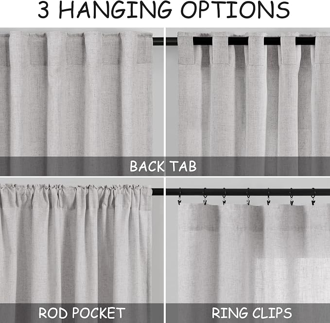 Grey Linen Curtains 102 Inches Long 2 Panels Set for Living Room Extra Long Back Tab Curtains Neutral Farmhouse Light Filtering Semi Sheer Linen Drapes Ceiling to Floor for Large Window