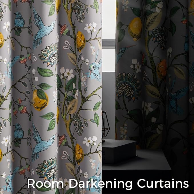 Topfinel 54 Inches Long Short Grey Blackout Curtains for Cafe Kitchen, Grommet Room Darkening Luxury Floral Lemon Hummingbird Patterned Waverly Colorful Drapes for Living Room Bedroom