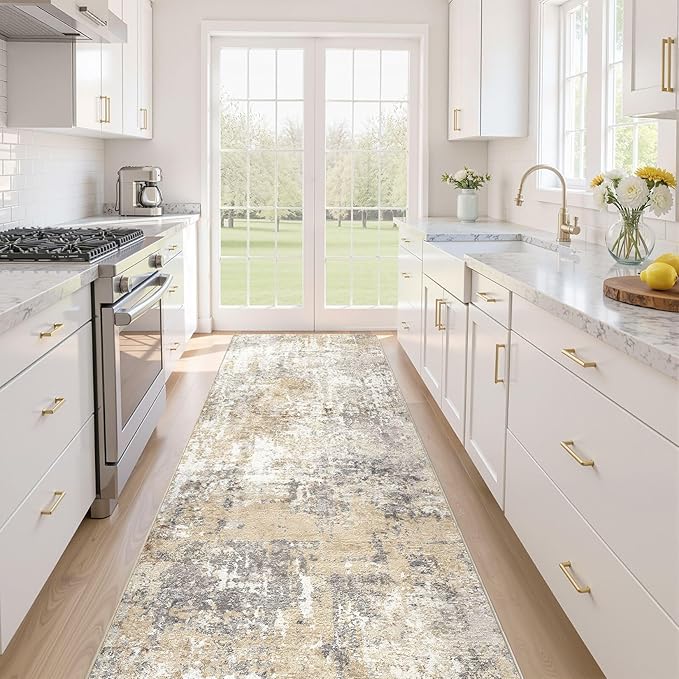Runner Rug Kitchen Washable Rugs: 2x8 Non-Slip Abstract Soft Modern Stain Resistant Indoor Floor Neutral Accent Throw Carpet for Hallway Bathroom Laundry Room Entryway Bedroom- Gray Gold