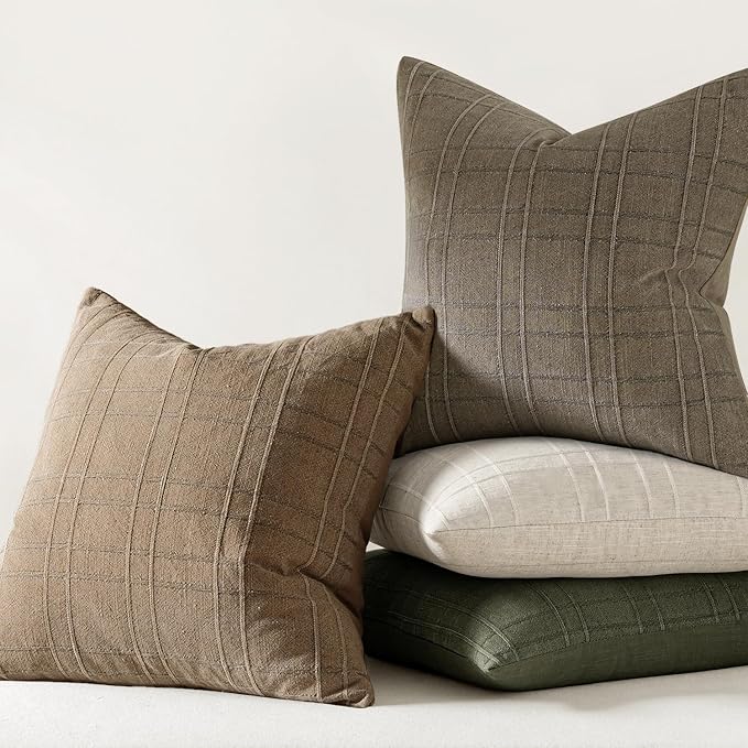 MIULEE Decorative Linen Check Throw Pillow Covers Neutral Farmhouse Vintage Pillow Covers 16x16 Set of 2 Boho Modern Winter Home Decor for Sofa Couch Bedroom Cushion Light Brown