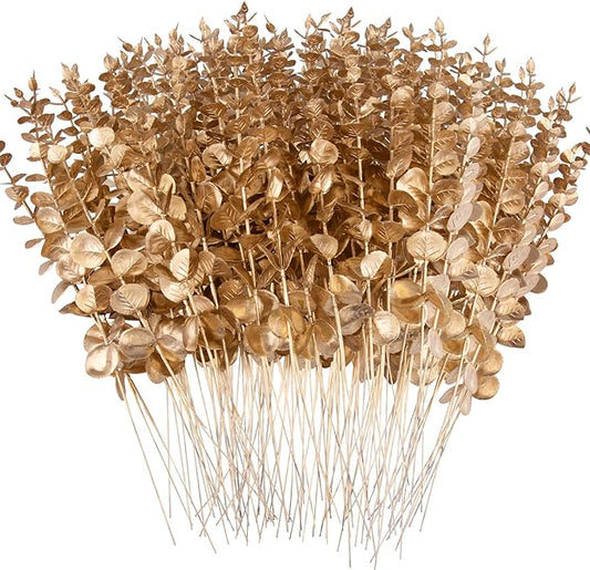 FEQO 90 Pcs Gold Eucalyptus Stems Artificial Leaves Faux Eucalyptus Stems Branches 15 inch for Wedding Bouquet Home Decor