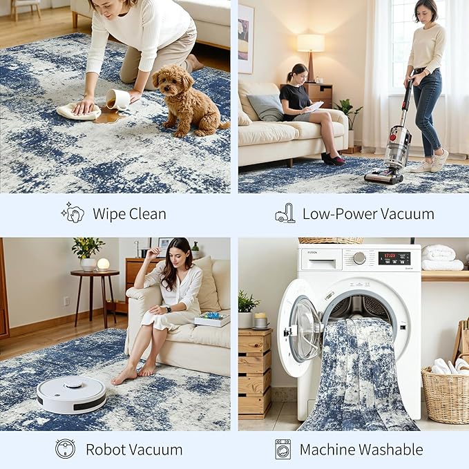 Area Rug Living Room Rugs: 8x10 Large Soft Indoor Carpet Modern Abstract Decor Rug with Non Slip Rubber Backing for Under Dining Table Nursery Home Office Bedroom Blue
