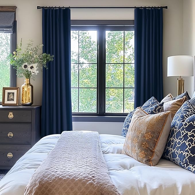 INOVADAY 100% Blackout Curtains for Bedroom, Black Out Curtains 96 Inch Long, Clip Rings Linen Blackout Drapes, Thermal Insulated Room Darkening for Living Room, 2 Panels - Midnight Blue,W50xL96