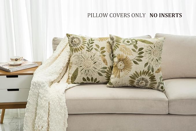 Mika Home Pack of 2 Decorative Throw Pillows Cases Cushion Cover for Sofa Couch Bed,Sunflower Pattern,20x20 Inches,Green Cream