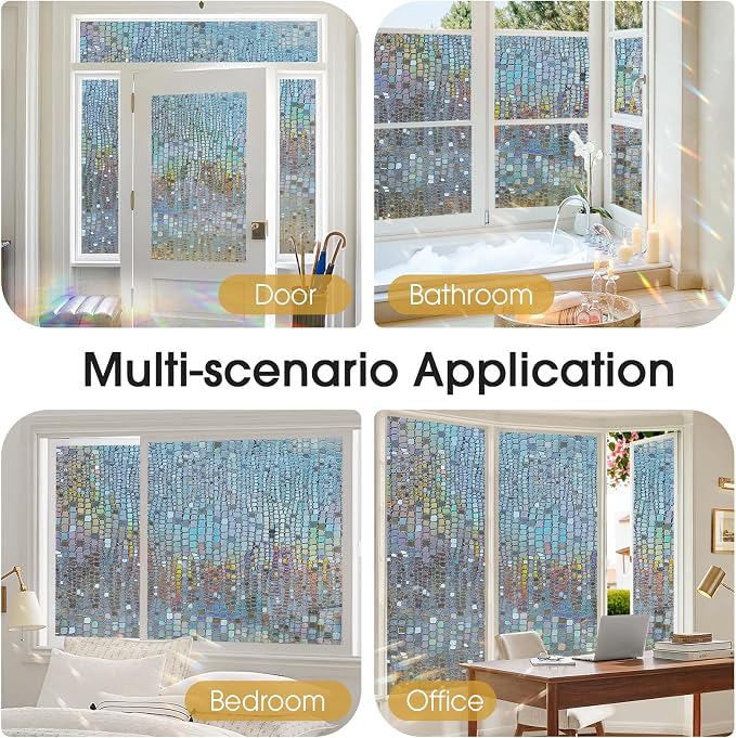 Windimiley Rainbow Window Privacy Film, 3D Stained Glass Christmas Decorative Window Clings, UV Heat Blocking Holographic Prism Stickers for Home (17.5 x 157.5In,Brown)