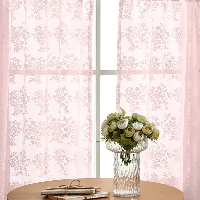 YJ YANJUN Vintage Lace Curtains 36 inch Length 2 Panels - Short Pink Sheer Curtains for Girls Room, Cute Flower Cafe Net with Scalloped Edges, Privacy Blinds Shade for Kitchen Living Room, W26 x L36