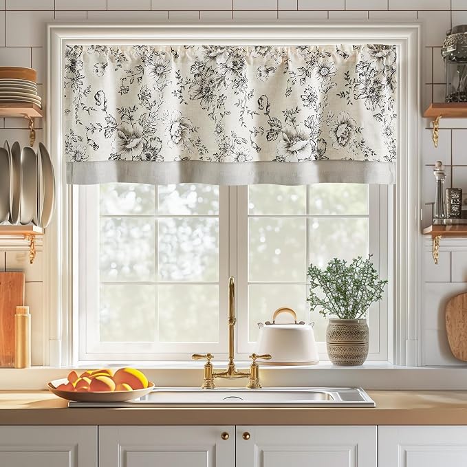 jinchan Linen Valance Curtain Farmhouse Black Floral Small Window Curtain Double Layer Light Filtering Fall Valance for Kitchen Rustic Biege for Living Room Bedroom 18 Inch Rod Pocket One Panel