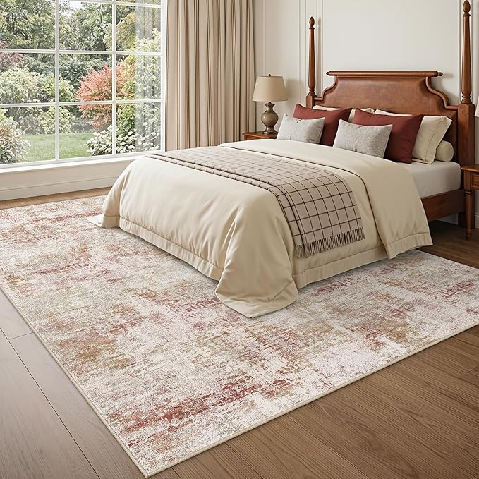 DEXI Washable Area Rug for Living Room 8x10, Modern Abstract Soft Indoor Large Rugs, Stain Resistant Low Pile Carpet with Non Slip Backing for Dining Bedroom Office, Red