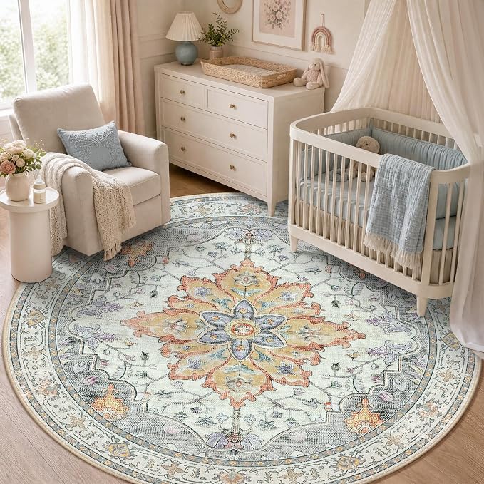 RELEANY Area Rugs Round 5ft Washable Non-Slip, Floral Vintage Distress Medallion Carpet for Living Room Bedroom Dining Room, Beige Carbon Grey Orange