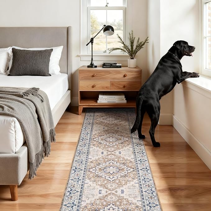 Lofus 2'6"x12' Runner Rug for Hallways, Washable Kitchen Rugs, Non-Slip Rugs for Entryway and Bedroom, Vintage Boho Carpet, Soft Low Pile Long Runner Area Rug, Floral Brown