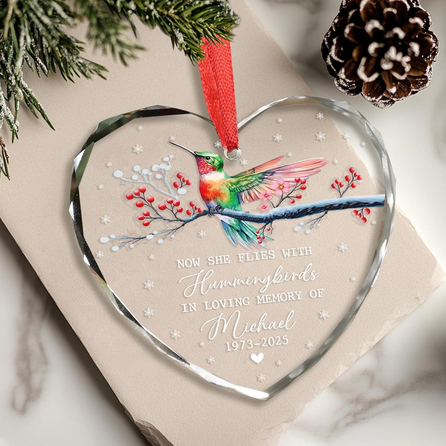 Personalized Memorial Hummingbird Glass Ornament – in Loving Memory of Grandpa – Custom Name, Birth Year & Passing Year – Memorial Christmas Keepsake for Loved One