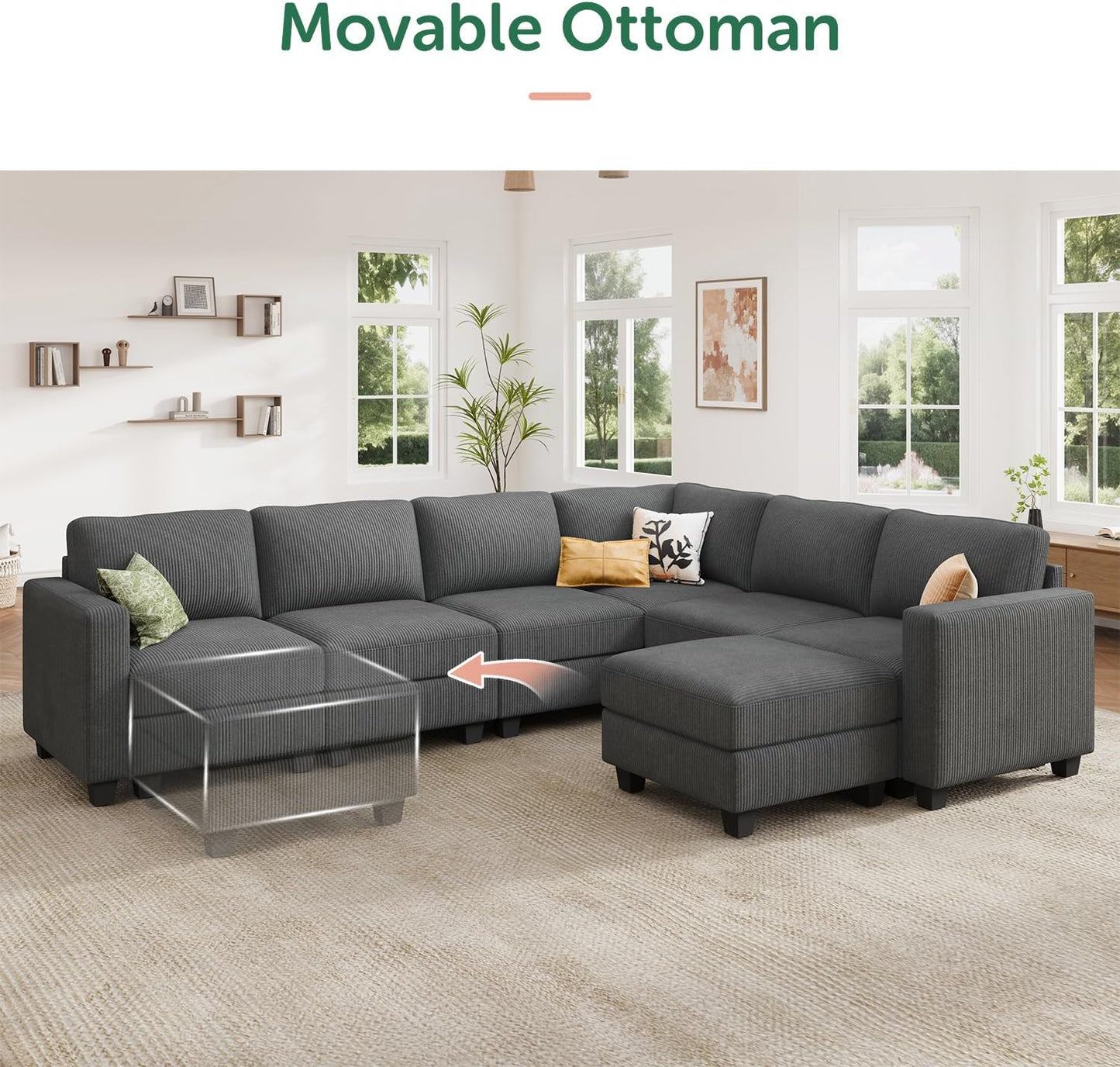 HONBAY Corduroy Sectional Couch with Storage U Shaped Sectional Sofa Modular Sectional Couches for Living Room, Dark Gray