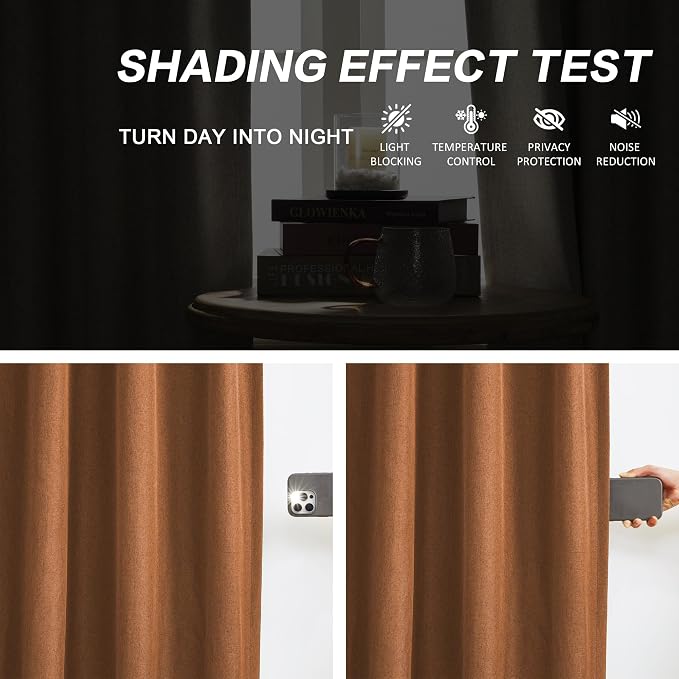 DUALIFE Pinch Pleatd Blackout Curtains 105 Inches Long, Boho Linen Rustic Copper Color Retro Room Darkening Privacy Curtains Drapes with Hooks for Living Room Bedroom 2 Panels Terra Cotta Rust 50x105
