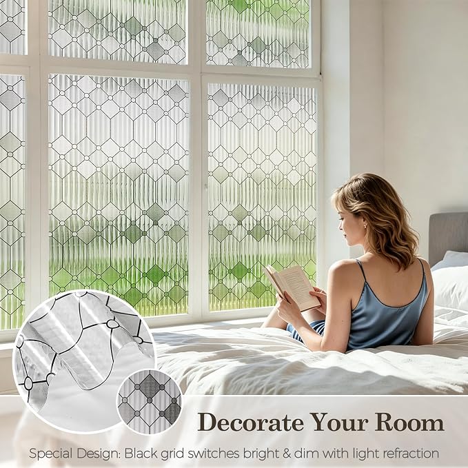 SUNBABY Reeded Glass Window Privacy Film, Decorative Frosted Glass Window Film for Bathroom & Front Door, 3D Static Cling Window Coverings Day and Night Privacy Sun Heat Blocking (23.6 x 78.7 Inch)