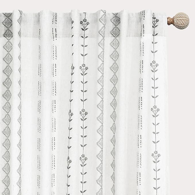 White Sheer Curtains 96 Inches Long,Feminine Black Boho Window Treatments Non See Through Privacy Curtains That Let Light in for Bedroom Living Room 8 FT 8FT Length