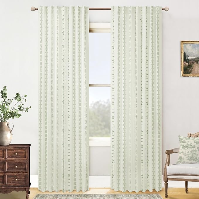 Cream and Green Cottage Core Curtains Semi Blackout, Botanical French Country Drapes for Bedroom Living Room 84 Inches Long