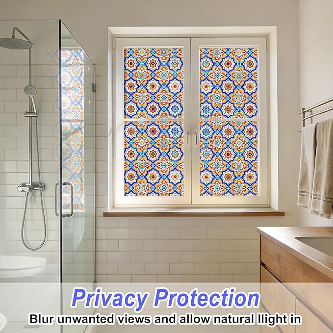 SOMWISE Frosted Glass Window Privacy Film with Tools, Heat Blocking, Anti-UV, Anti-Glare, Static Cling, Decor for Home Bathroom Door, Renter Friendly, Removable, Reusable, Blue 17.5Inchx78.5Inch