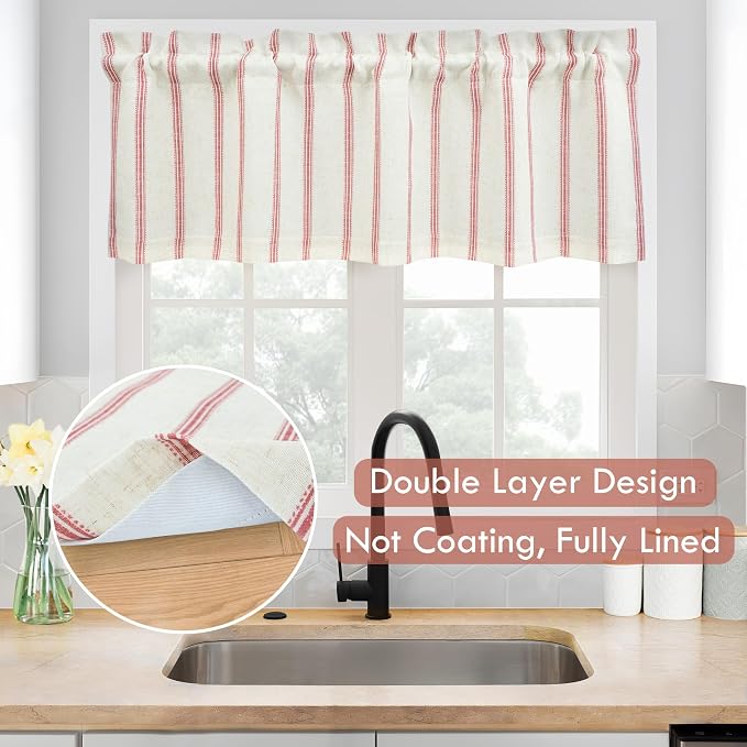 DriftAway Farmhouse Linen Lined Valance Double Layer Thermal Insulated Room Darkening Blackout Window Valances 3 Inch Rod Pocket Vertical Striped Kitchen Valance for Bathroom Single 52 x 24 Inch Red