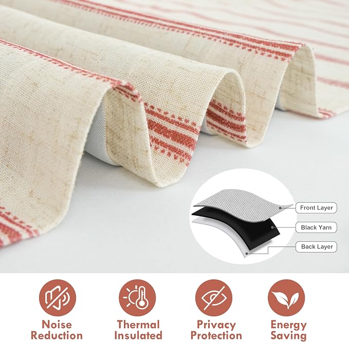 DriftAway Farmhouse Linen Lined Valance Double Layer Thermal Insulated Room Darkening Blackout Window Valances 3 Inch Rod Pocket Vertical Striped Kitchen Valance for Bathroom Single 52 x 14 Inch Red
