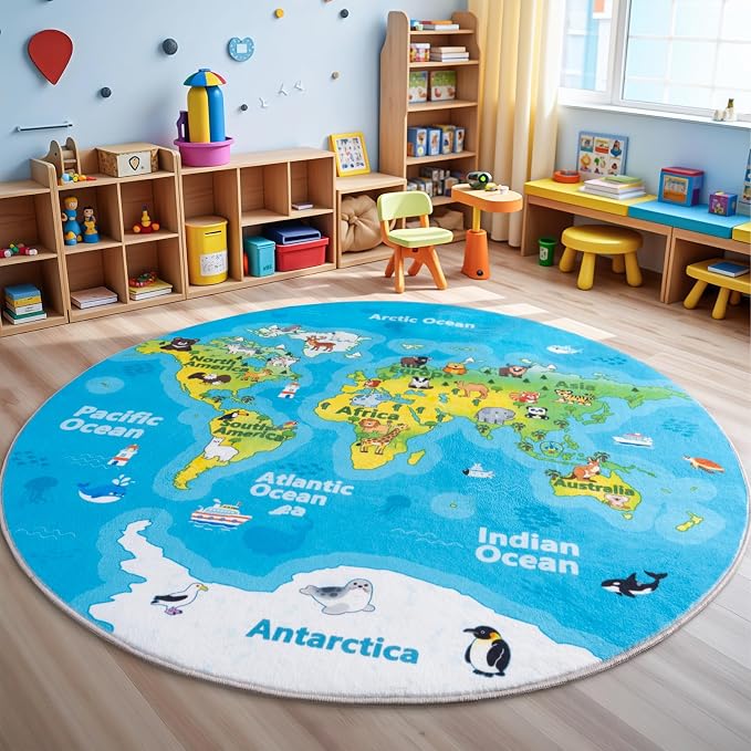 Kids Playroom Rug, 6x6ft Round World Map Rugs with Cute Animals, Washable Durable Soft Carpet Kid Educational Rugs for Boys Girls Bedroom Nursery Classroom