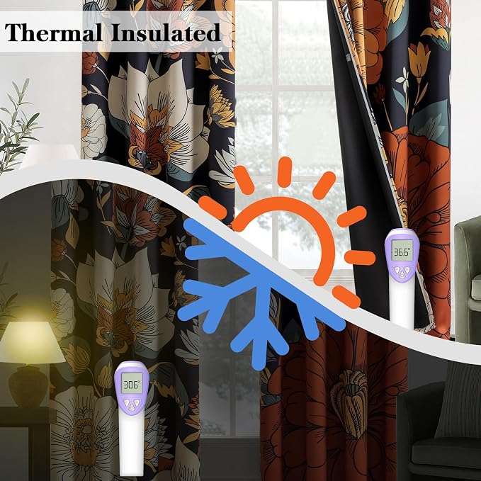 Tyrot Black Boho Floral 100% Blackout Curtains for Bedroom 45 inch Long 2 Panels Mid Century Botanical Black Out Curtains for Living Room Grommet Thermal Insulated Room Darkening Window Drapes,42Wx45L
