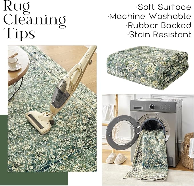 9x12 Area Rugs Dark Green Washable Rug for Living Room Big Bedroom Under Bed,Low Pile Soft Non Slip Floral Boho Vintage Extra Large Carpet for Dining Room Under Table,9 by 12,Blue and Green