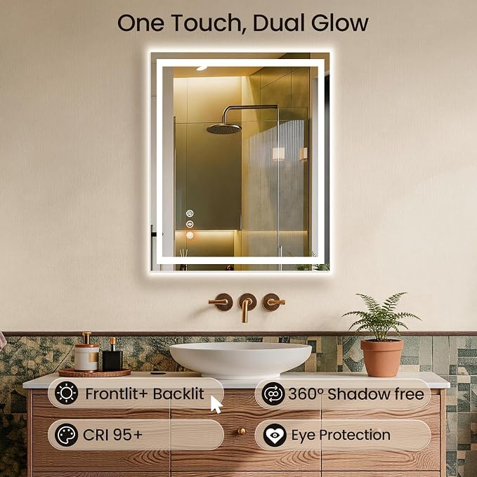 28X36 LED Bathroom Mirror with Lights, Anti-Fog, Backlit + Front Lit, Lighted Bathroom Vanity Mirror for Wall, Memory Function, Dimmable, Tempered Glass, Shatter-Proof