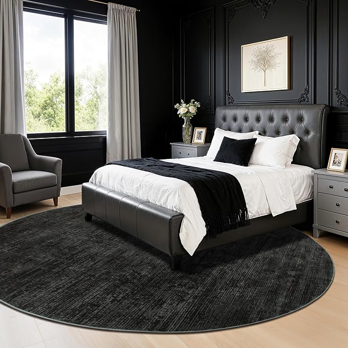 LIANLAM 6 FT Washable Rug, Black Solid Round Rugs for Living Room & Bedroom | Stain-resistant & Non-slip backing,Low Pile Washable Large Carpet, Solid Vintage Style For High Traffic Areas(6 FT,Black)