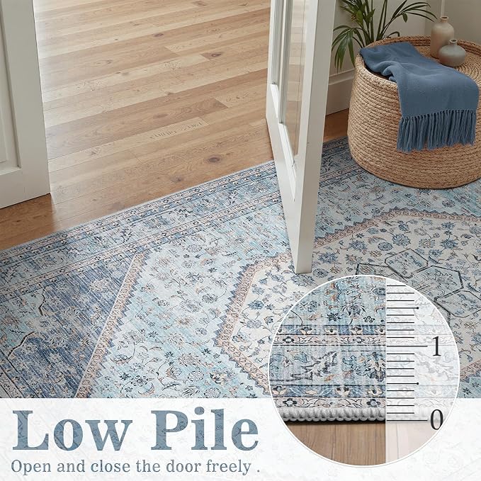 DCX Machine Washable Blue Entryway Rug 2x3, Non Slip Stain Resistant Vintage Floral Rug for Kitchen Bathroom Front Door Throw Rugs Indoor, Soft Low Pile Small Rugs for Entry