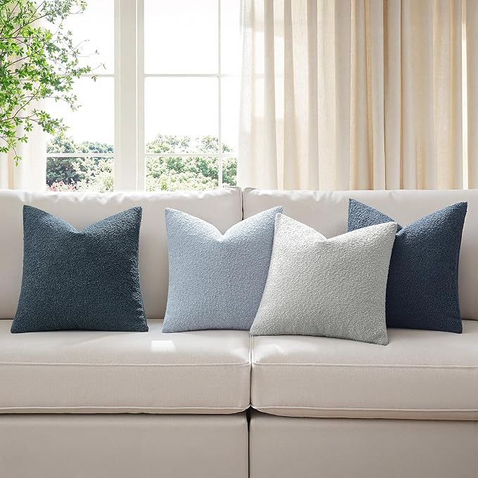 MIULEE Pack of 4 Decorative Textured Boucle Throw Pillow Covers | 18x18 Inch Neutral Blue Accent Solid Pillow Cases Couch Cushion Covers for Modern Farmhouse Boho Bed Livingroom Home Decor