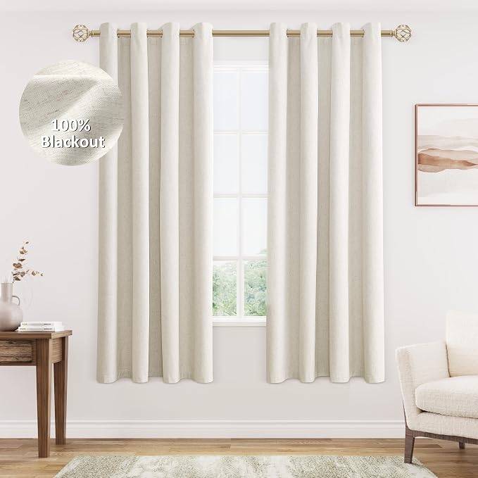 Jowels Cream Linen Blackout Curtains 60 Length 2 Panels Set for Living Room Bedroom, 100% Black Out Thermal Insulated Linen Drapes, Room Darkening Grommet Curtains 60 Inches Long Natural Beige