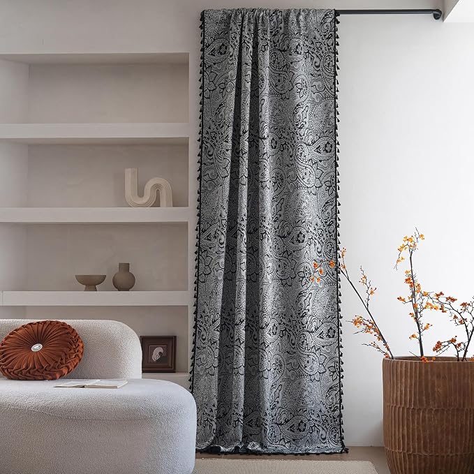 ENJOYBRIDAL Black Paisley 96 Inch Curtains for Bedroom Semi Sheer Drapes Light Filtering Boho Rod Pocket Long Window Curtains 2 Panel Sets Living Room Farmhouse Printed Jacquard Window Treatments