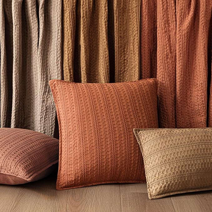 Foindtower Set of 2 Decorative Cotton Waffle Weave Throw Pillow Covers Euro Shams Cushion Covers Accent European Pillowcase for Bed Couch Sofa Bedroom Living Room Home Decor 20×20 Inch Burnt Orange