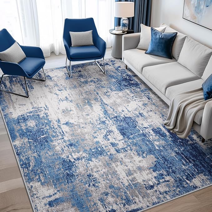RELEANY Washable Area Rugs 7'x9' Non-Slip Modern Abstract Soft for Living Room Entryway Bedroom Kitchen, Print Pattern, Blue Grey Navy Gray