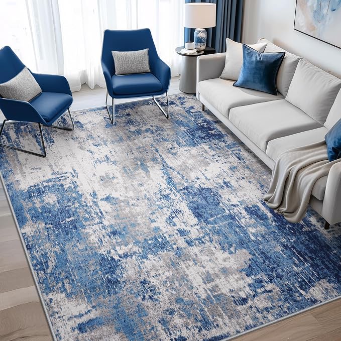 RELEANY Washable Area Rugs 6'x8' Non-Slip Modern Abstract Soft for Living Room Entryway Bedroom Kitchen, Print Pattern, Blue Grey Navy Gray