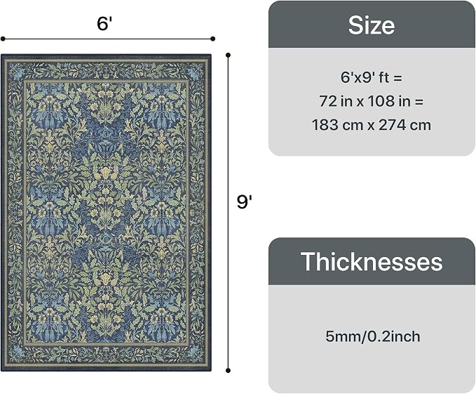 GENIMO 6x9 Washable Living Room Area Rug, Non Slip, Dark Blue | Vintage Boho Floral Low Pile Thin Carpet for Bedroom, Dining Room, Nursery, Indoor Decor
