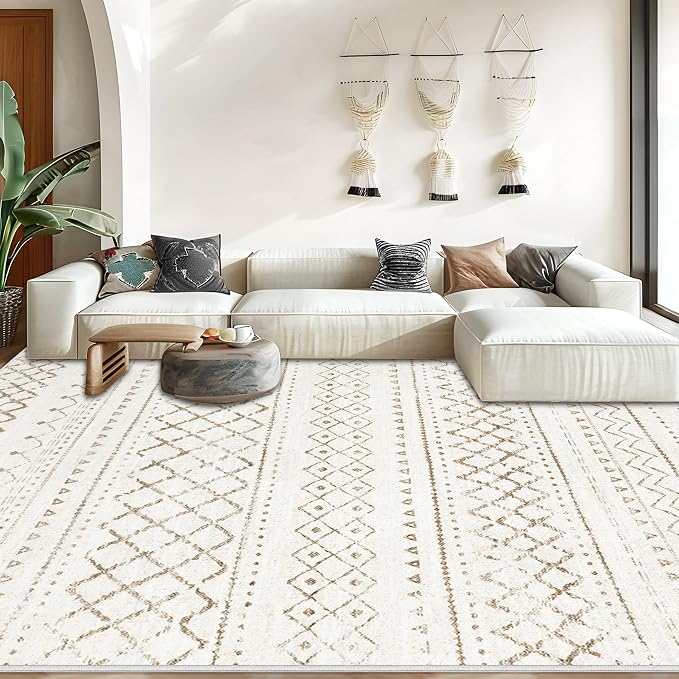 Area Rug for Living Room 9x12: Large Washable Boho Moroccan Rugs Geometric Neutral Rug, Non-Slip Foldable Morden Farmhouse Indoor Floor Carpet for Bedroom Dining Table Home（Brown,9X12）