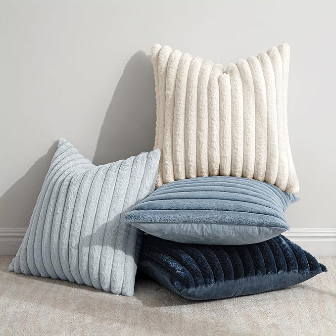 MIULEE Faux Fur Plush Decorative Throw Pillow Covers 24x24 Set of 4, Spring Modern Soft Fuzzy Coastal Striped Cushion Covers for Sofa Couch Bed Living Room Cozy Home Decor,Navy Blue