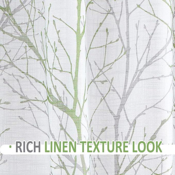 FMFUNCTEX Linen Semi Sheer Curtains for Bedroom, Sage Green White Curtains 45 Inches Long for Living Room, Grey Tree Branch Print Curtain Light Filtering Kitchen Window Drapes, Grommet Top 2 Panels